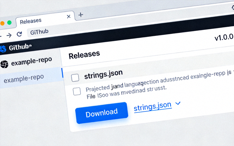 GitHub发布页面截图，显示strings.json语言文件的下载链接