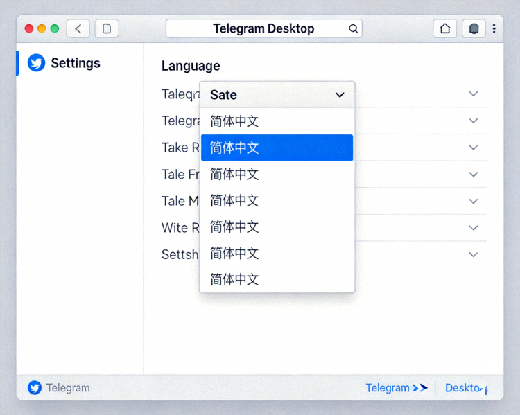 Telegram Desktop设置界面中选择简体中文语言选项的截图