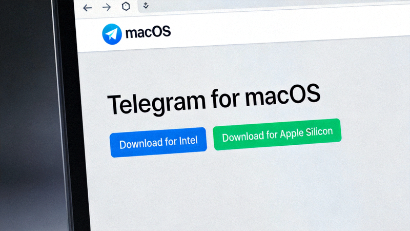 Telegram官方网站macOS版本下载页面截图，显示针对Intel和Apple Silicon的下载选项