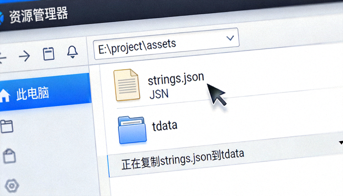 文件资源管理器截图，显示将strings.json文件复制到tdata文件夹的操作