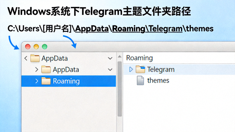 Windows系统下Telegram主题文件夹路径示意图 - 显示AppData内的themes目录